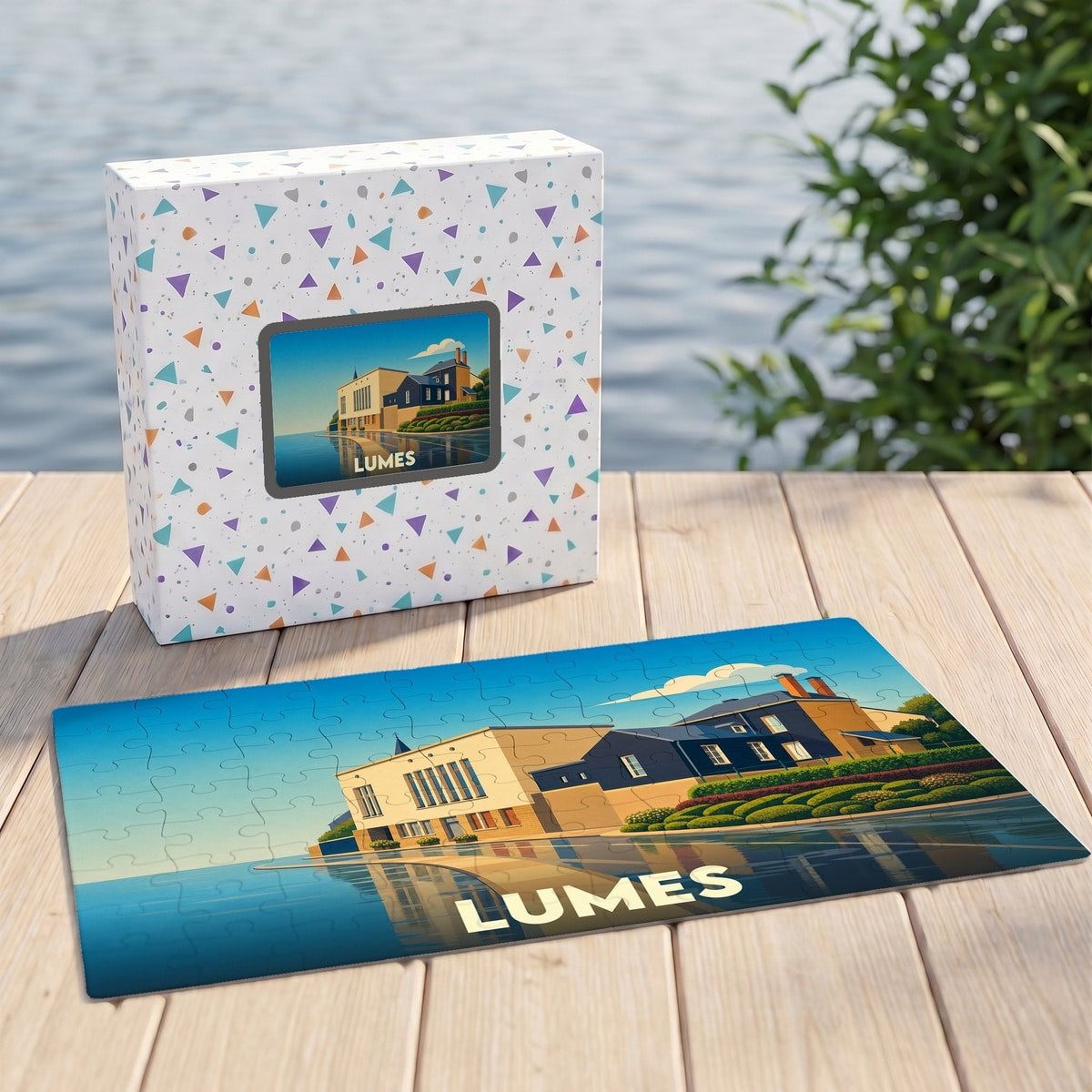 Puzzle souvenir de la ville de Lumes avec une illustration stylisée.