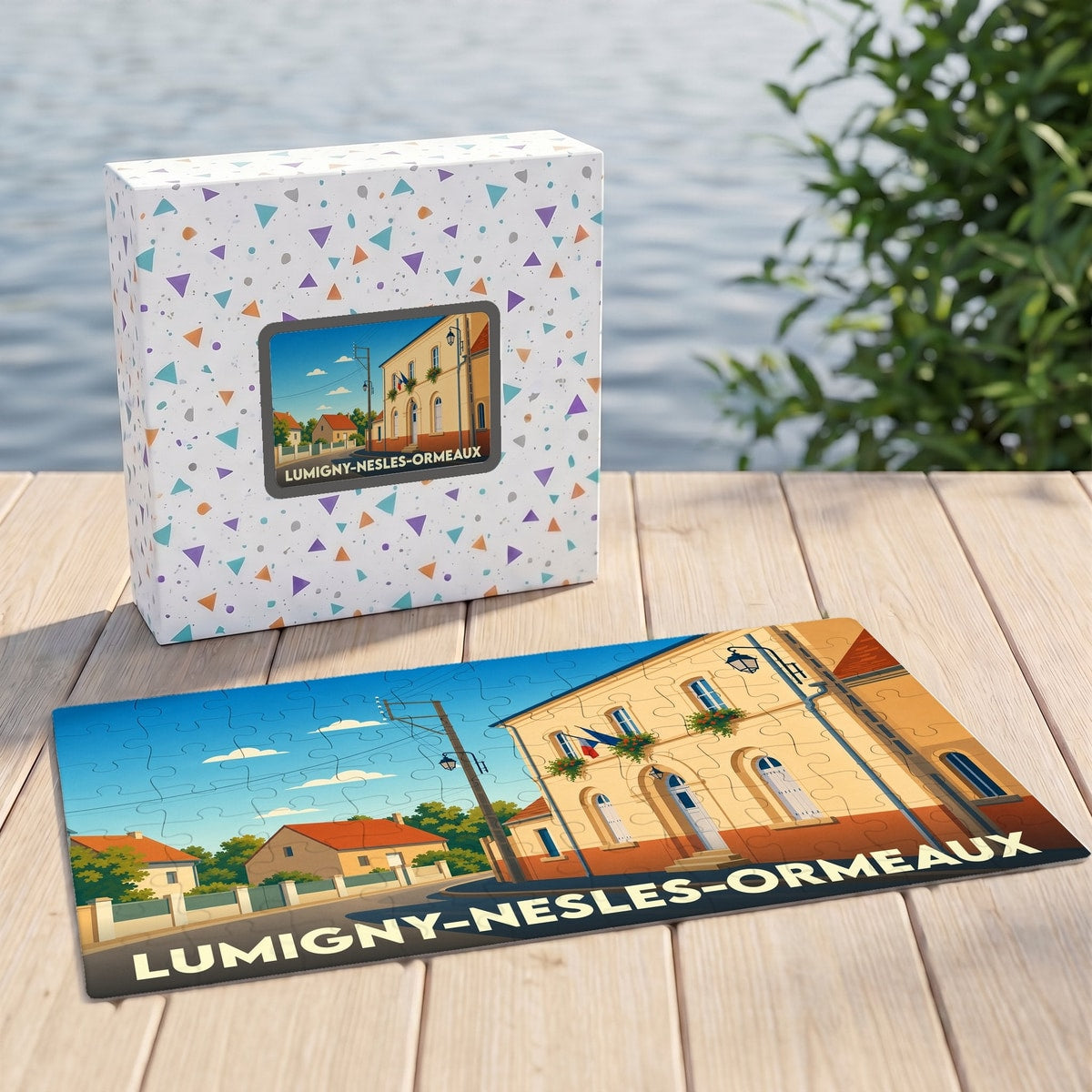 Puzzle souvenir de la ville de Lumigny-Nesles-Ormeaux avec une illustration stylisée de sa mairie.