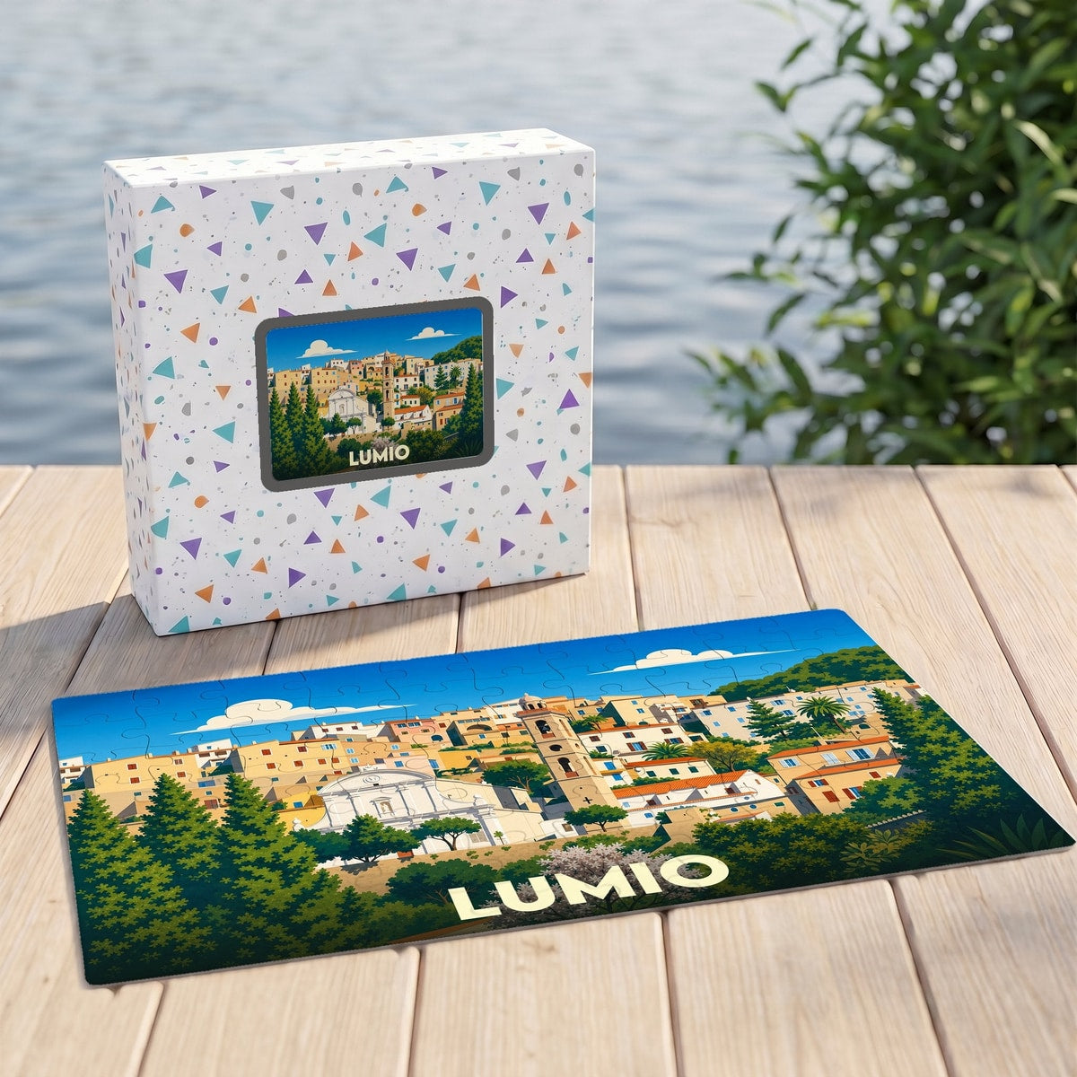 Puzzle souvenir de la ville de Lumio avec une illustration stylisée d'un village corse.