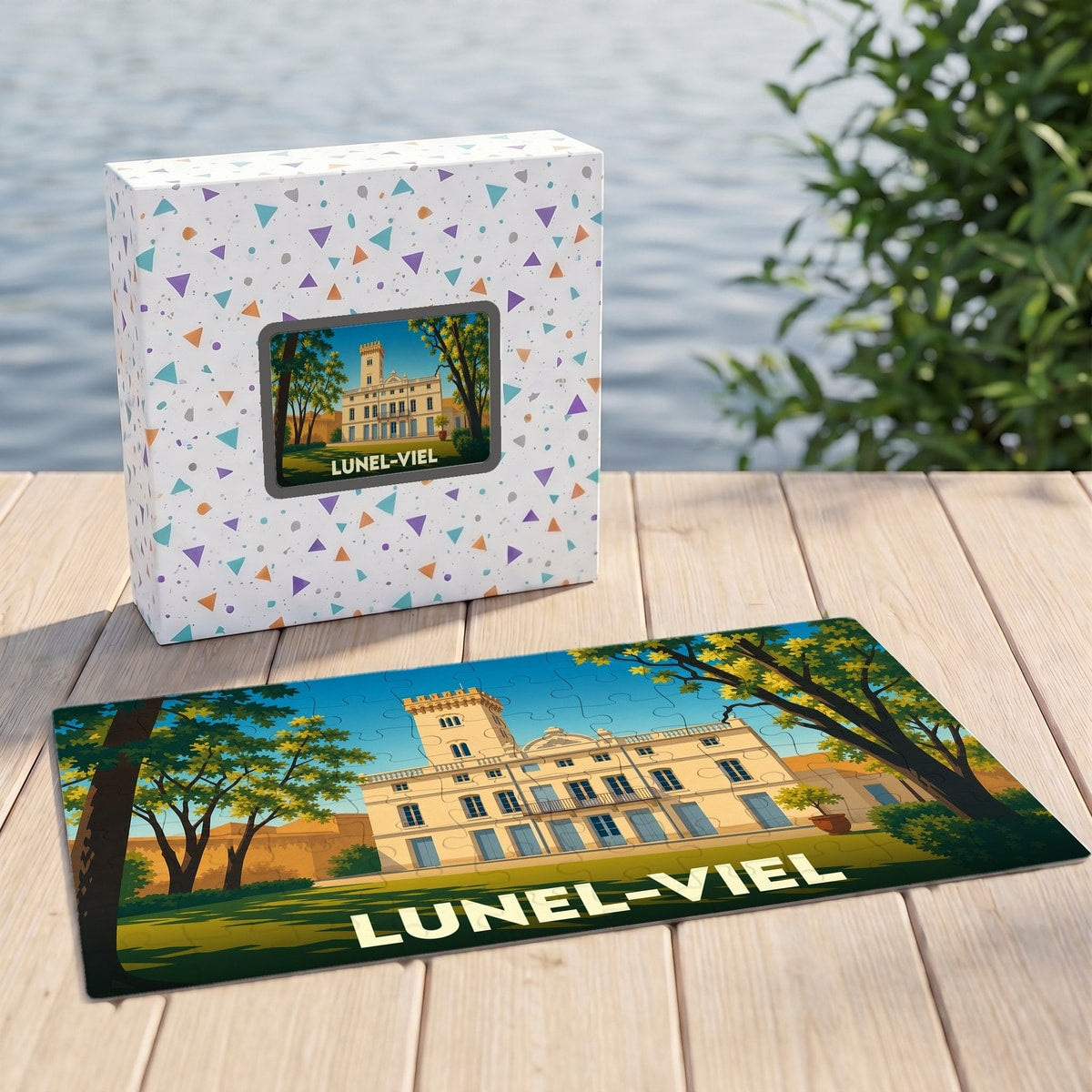 Puzzle souvenir de la ville de Lunel-Viel avec une illustration stylisée d'un château.