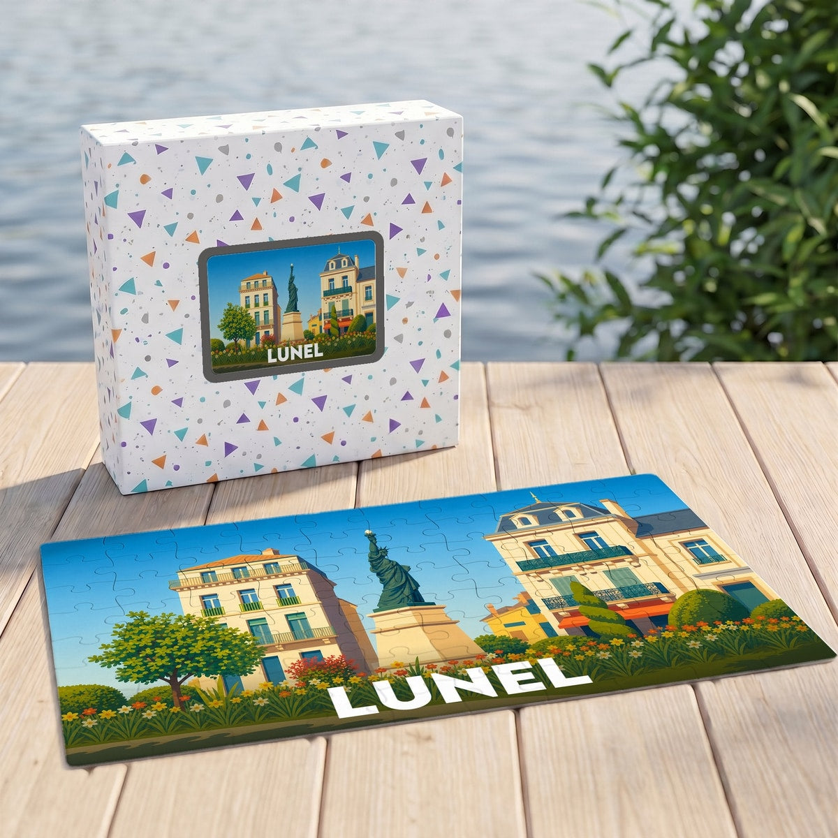 Puzzle souvenir de la ville de Lunel illustrant une place emblématique avec une statue et des bâtiments colorés.