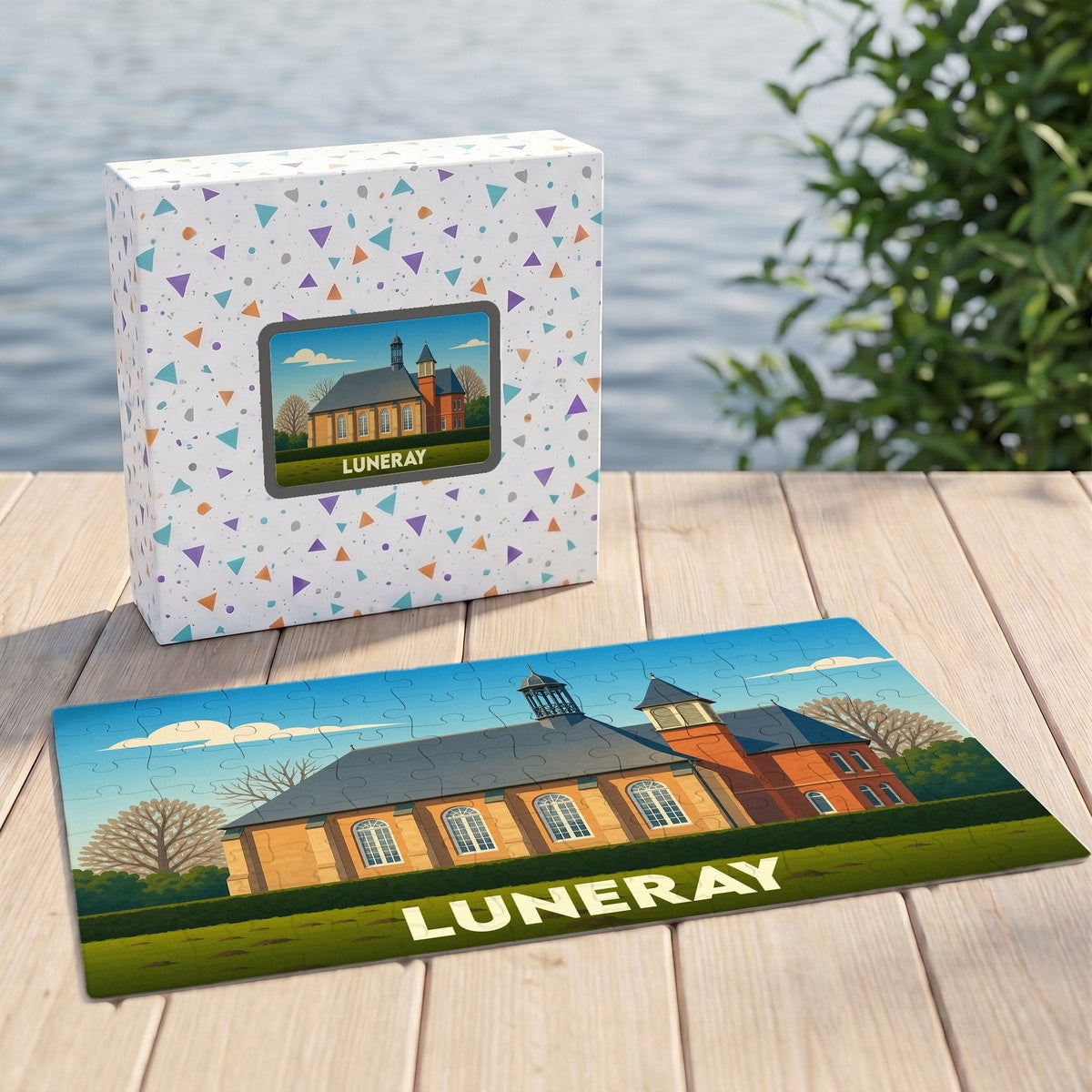 Puzzle souvenir de la ville de Luneray représentant son temple protestant avec une illustration stylisée.