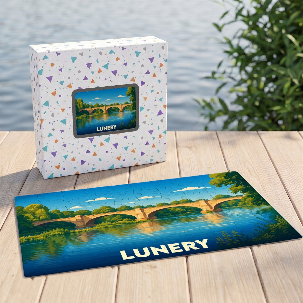 Puzzle souvenir de la ville de Lunery illustrant un pont en arche au bord de l'eau.
