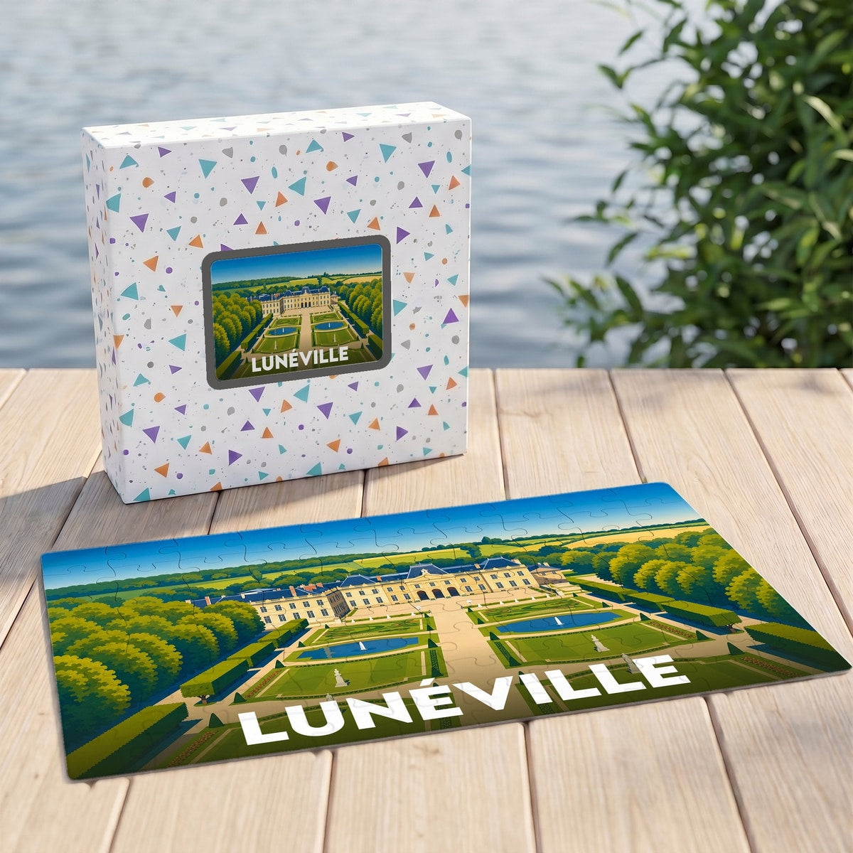 Puzzle souvenir de la ville de Lunéville représentant son château et ses jardins à la française.