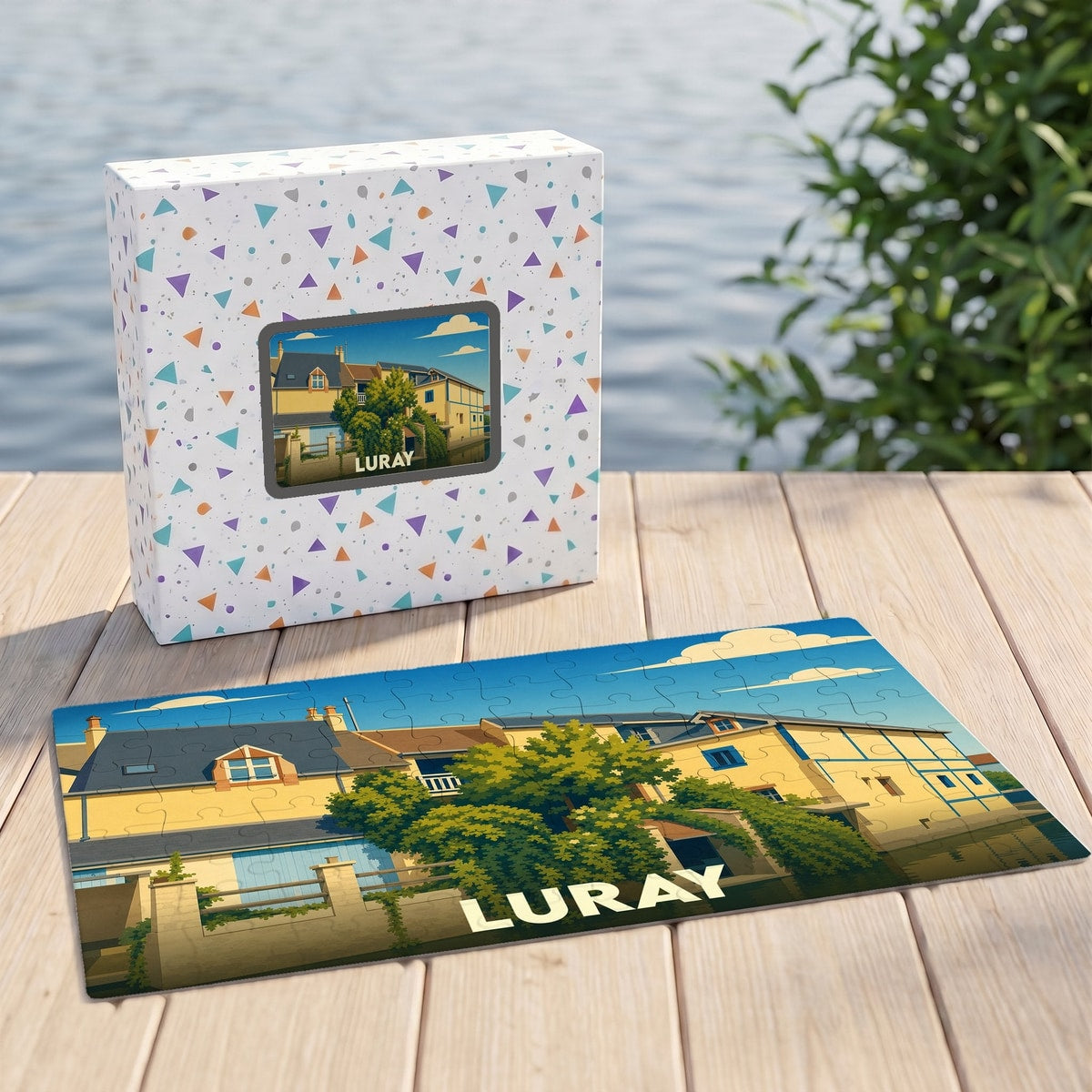 Puzzle souvenir de la ville de Luray avec une illustration stylisée de maisons et de verdure.