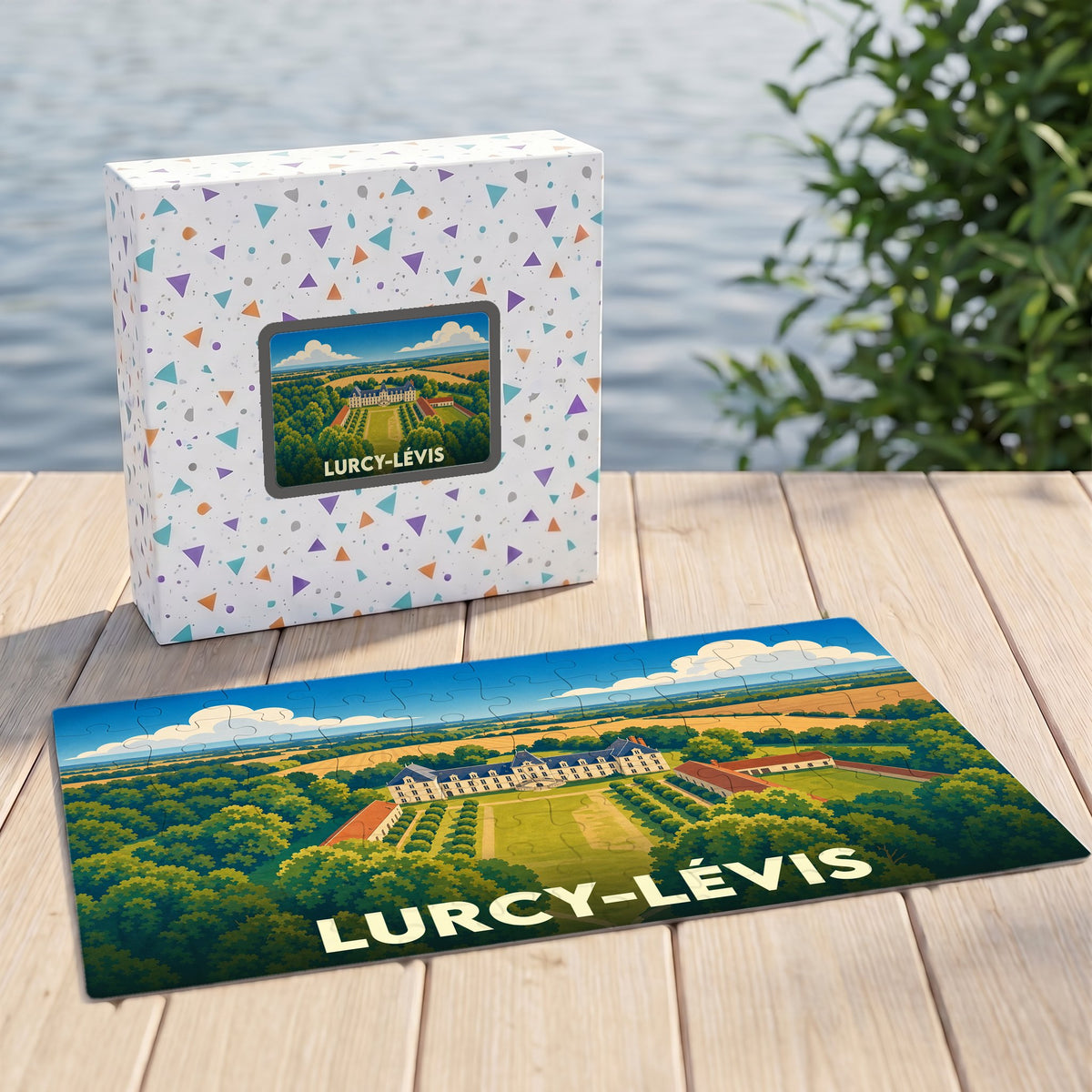 Puzzle souvenir de la ville de Lurcy-Lévis avec une illustration stylisée de son château.