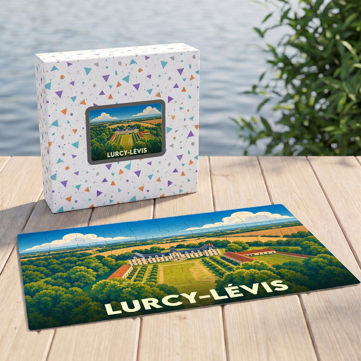 Puzzle souvenir de la ville de Lurcy-Lévis avec une illustration stylisée de son château.
