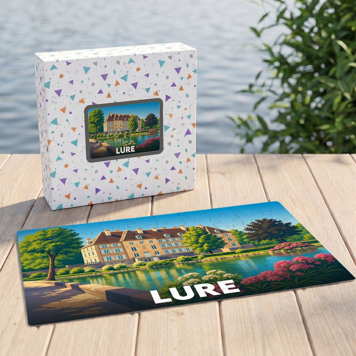 Puzzle souvenir de la ville de Lure avec son emballage et une illustration stylisée des bords de l'Ognon.
