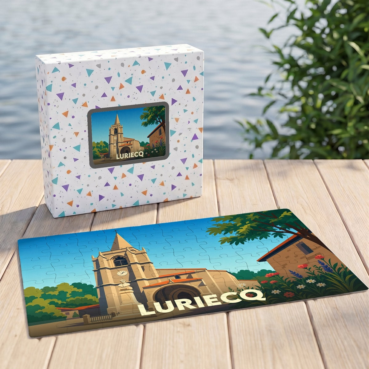 Puzzle souvenir de la ville de Luriecq avec une illustration stylisée d'un clocher.