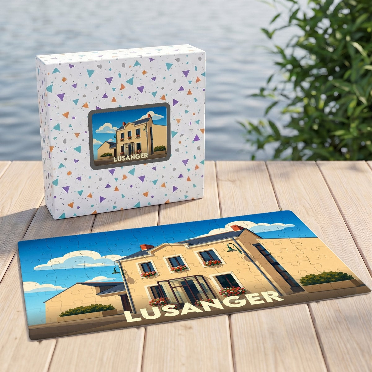 Puzzle souvenir de la ville de Lusanger avec une illustration stylisée d'un bâtiment typique.