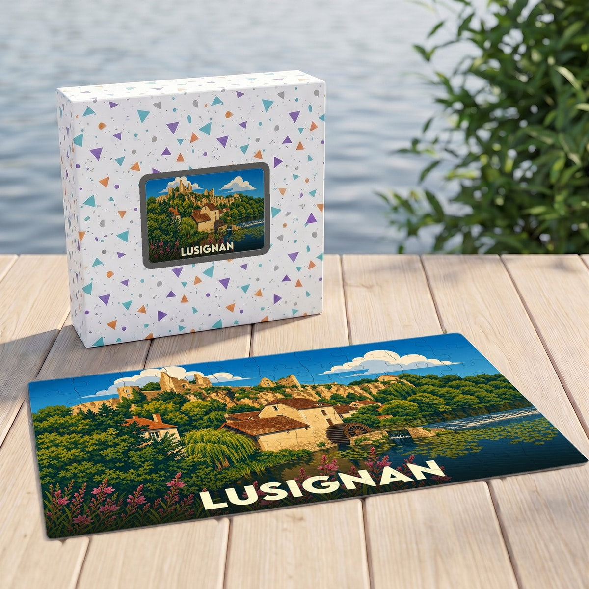 Puzzle souvenir de la ville de Lusignan avec une illustration stylisée d'un paysage historique.