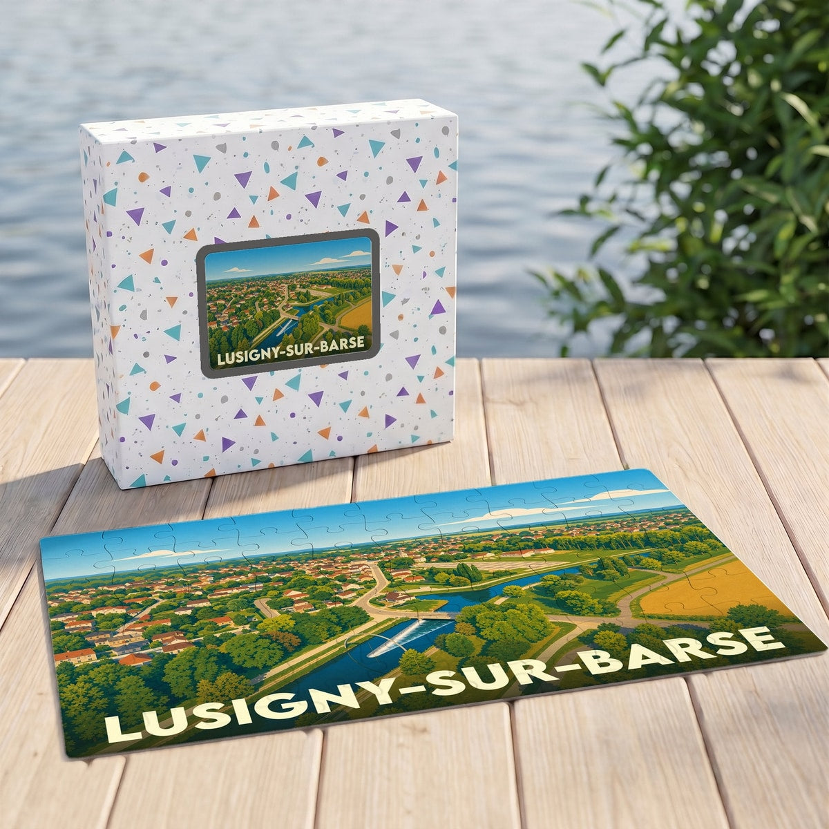 Puzzle souvenir de la ville de Lusigny-sur-Barse avec une illustration stylisée et colorée.