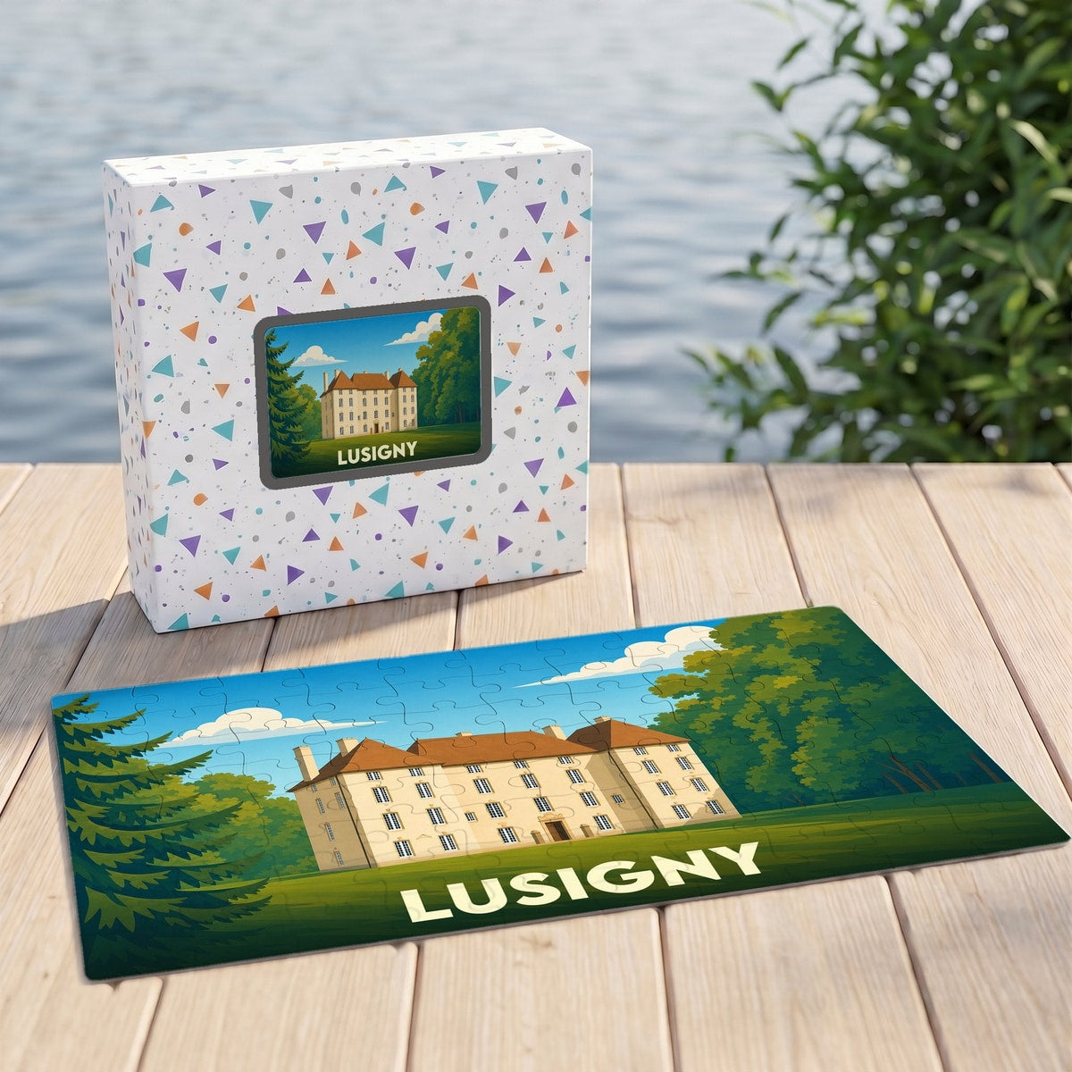 Puzzle souvenir de la ville de Lusigny illustrant un château dans un paysage verdoyant.