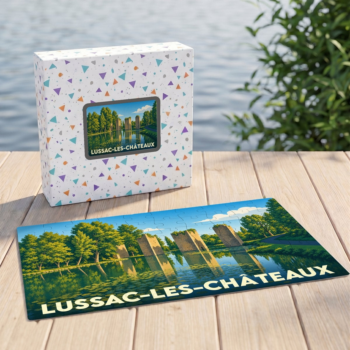 Puzzle souvenir de la ville de Lussac-les-Châteaux avec une illustration stylisée de ses ponts en pierre.