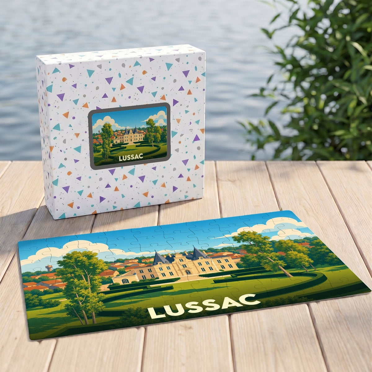 Puzzle souvenir de la ville de Lussac illustrant un château dans un style graphique épuré.