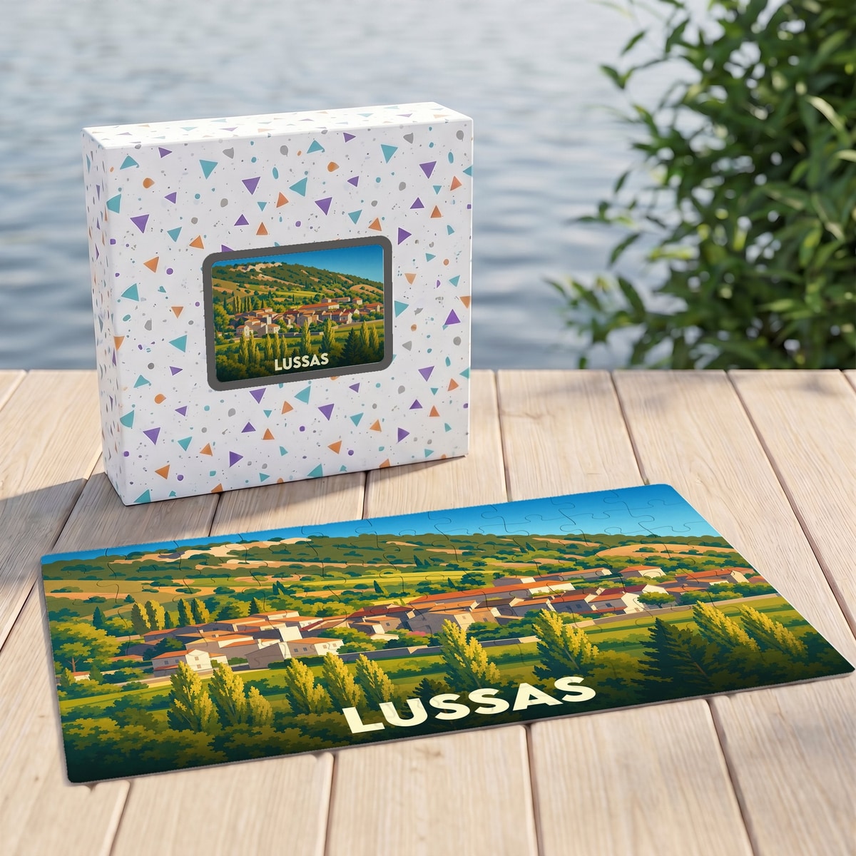 Puzzle souvenir de la ville de Lussas illustré d'un paysage provençal stylisé.