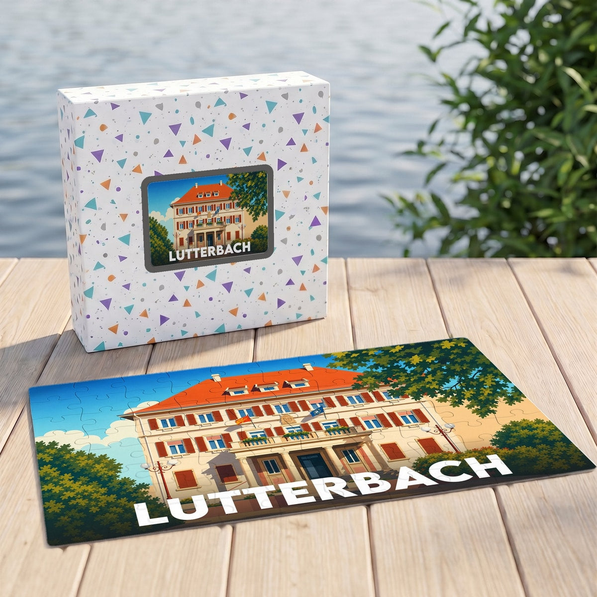 Puzzle souvenir de la ville de Lutterbach avec une illustration stylisée d'un bâtiment historique.