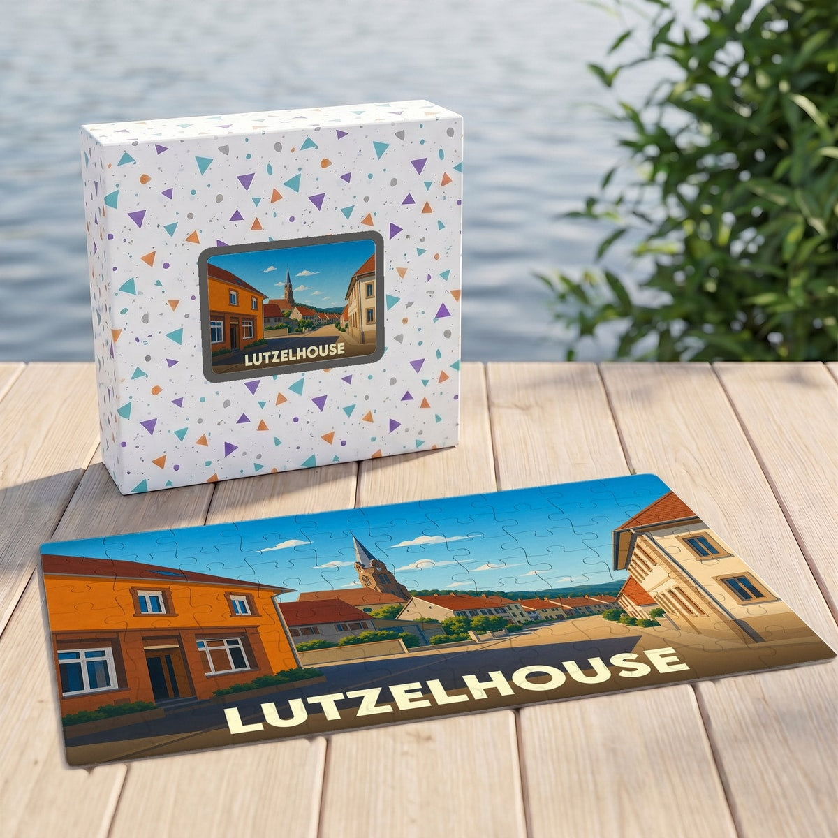 Puzzle souvenir de la ville de Lutzelhouse avec une illustration stylisée et sa boîte assortie.