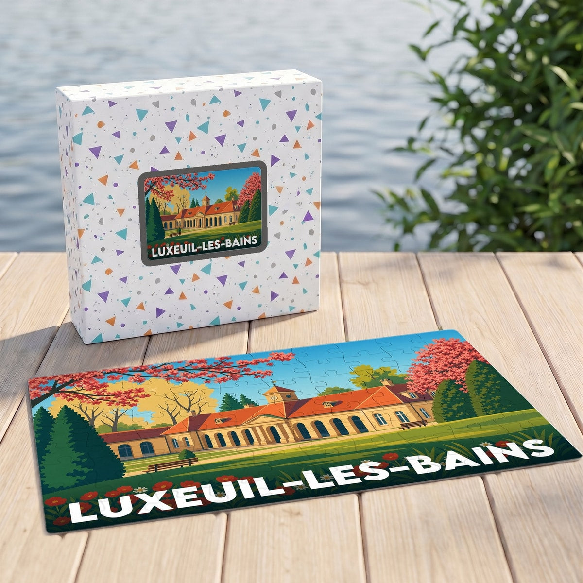Puzzle souvenir de la ville de Luxeuil-les-Bains avec une illustration stylisée d'un bâtiment thermal.