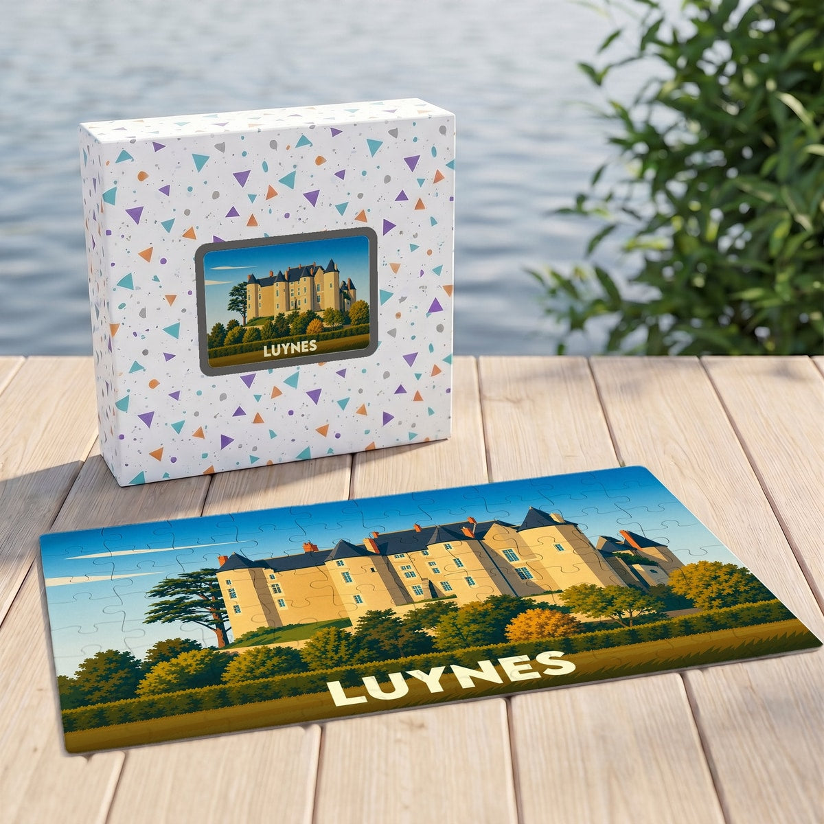 Puzzle souvenir de la ville de Luynes avec une illustration stylisée d'un château.