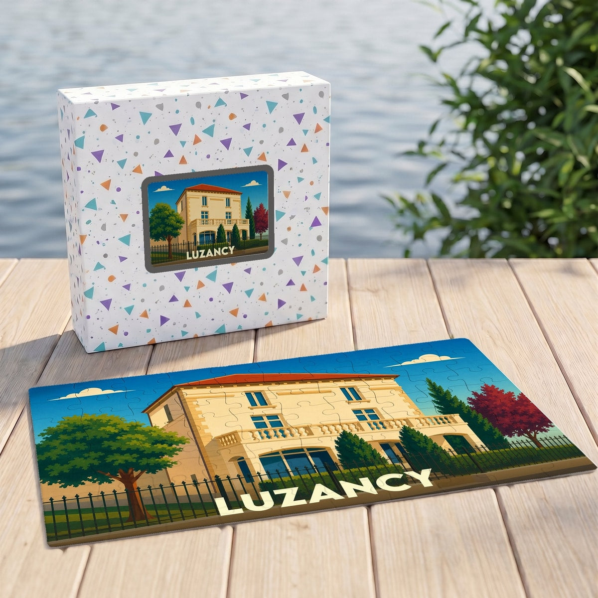 Puzzle souvenir de la ville de Luzancy avec une illustration stylisée d'une villa.