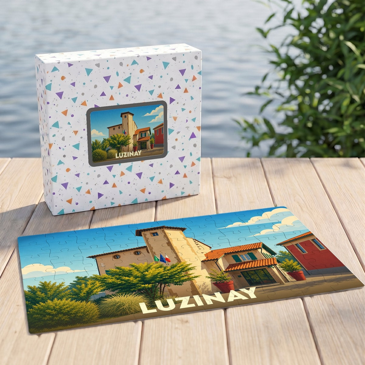 Puzzle souvenir de la ville de Luzinay avec une illustration stylisée d'un bâtiment provençal.