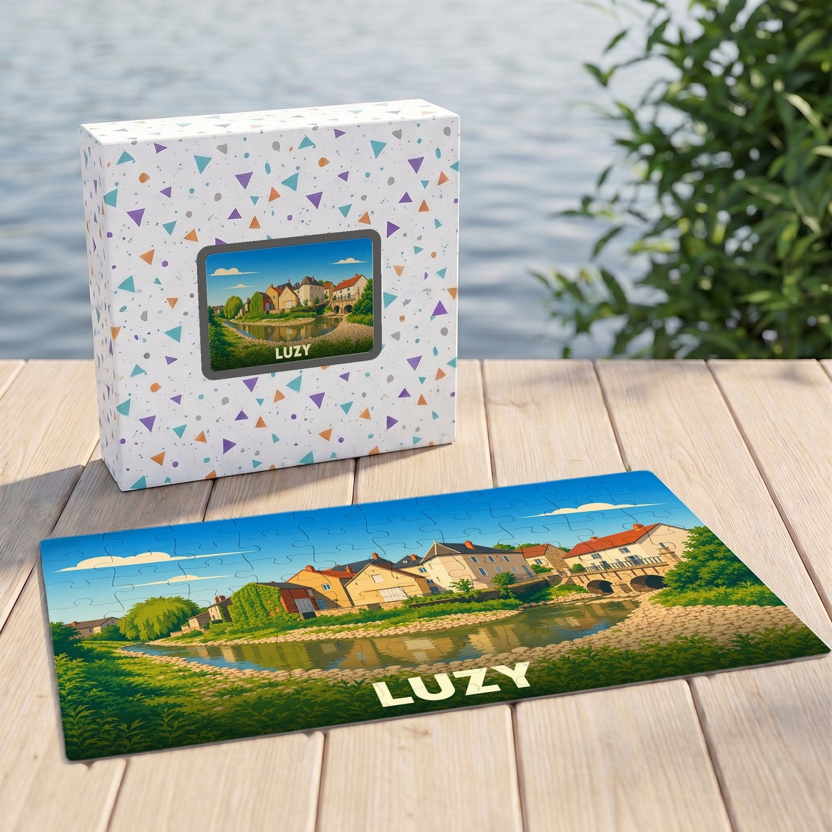 Puzzle souvenir de la ville de Luzy avec une illustration stylisée d'un paysage urbain au bord de l'eau.