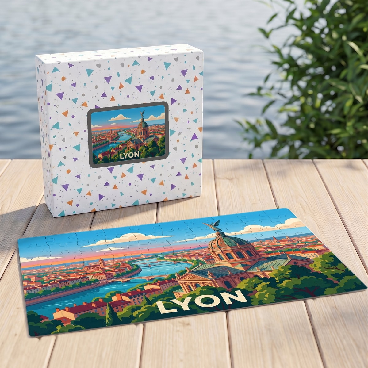 Puzzle souvenir de la ville de Lyon représentant une vue panoramique illustrée dans un style coloré.
