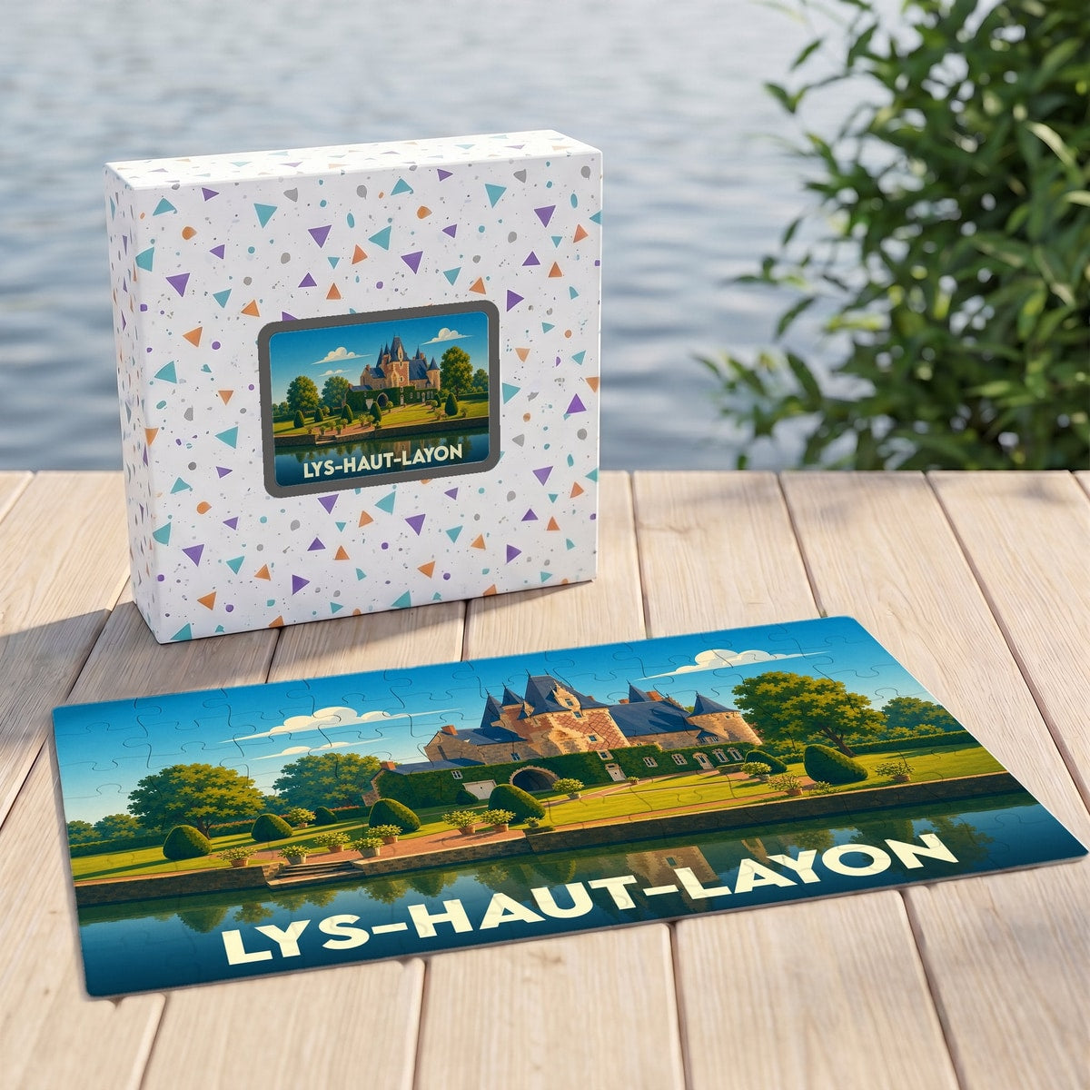 Puzzle souvenir de la ville de Lys-Haut-Layon illustrant un château au bord de l'eau dans un style coloré.