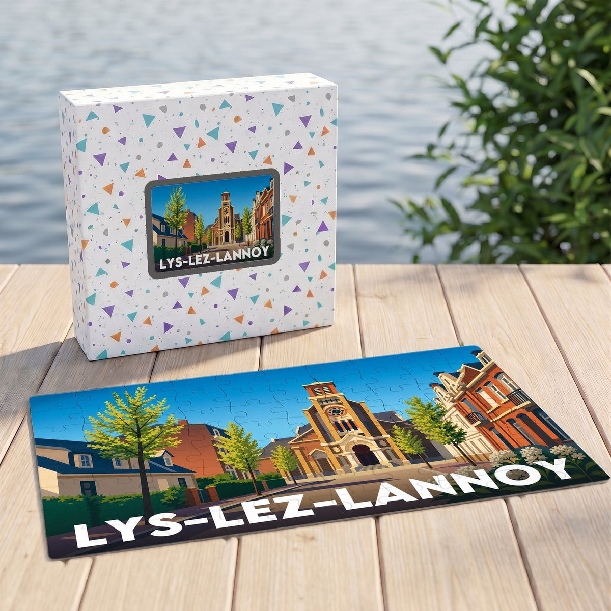 Puzzle souvenir de la ville de Lys-lez-Lannoy avec une illustration stylisée et colorée.