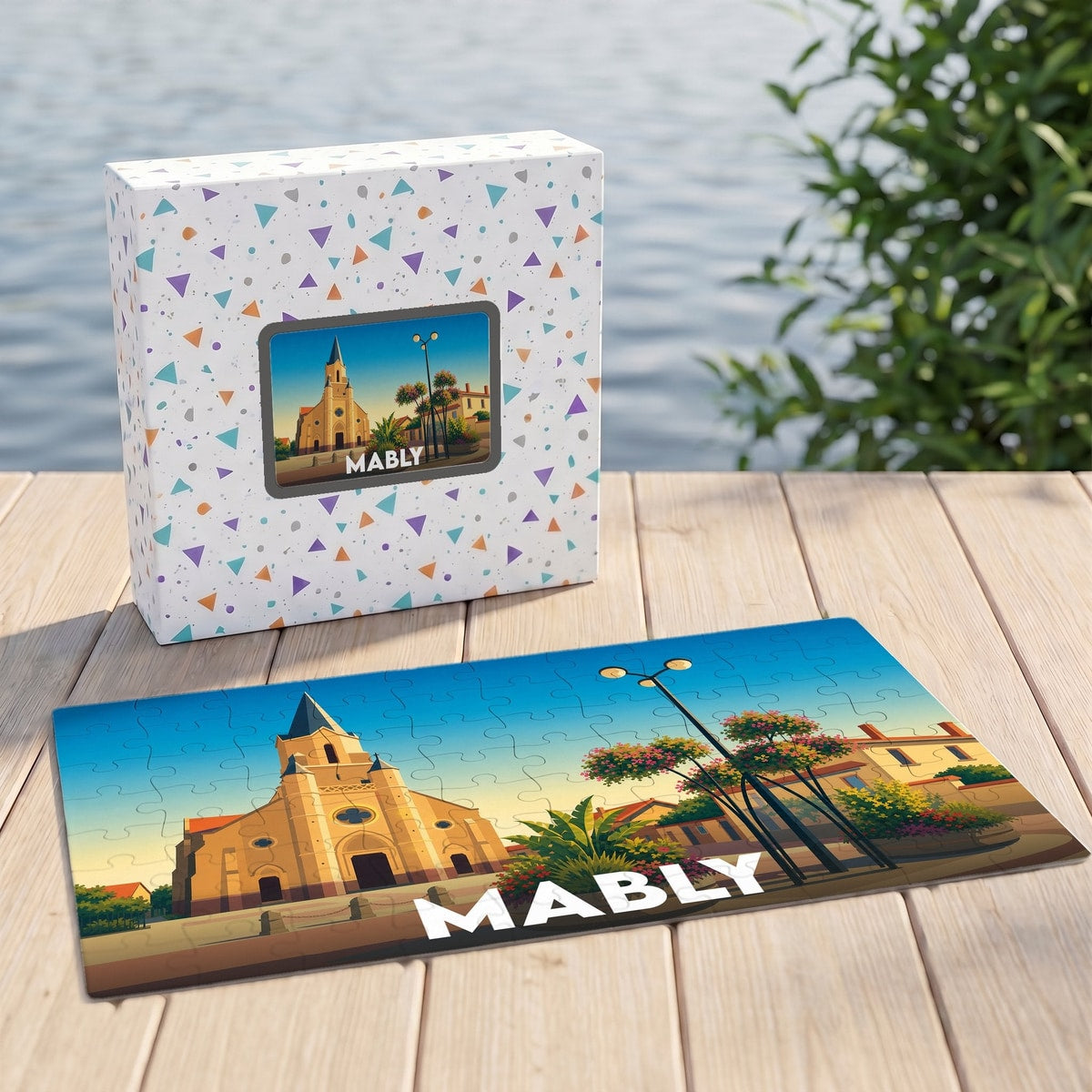 Puzzle souvenir de la ville de Mably avec une illustration stylisée de son église et de son paysage urbain.