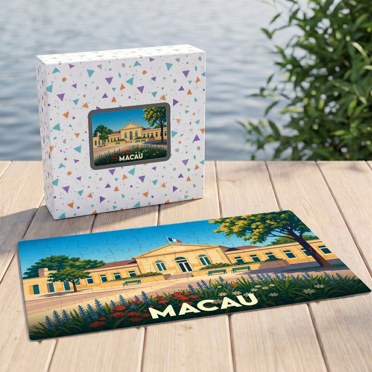 Puzzle souvenir de la ville de Macau avec une illustration stylisée d'un bâtiment historique et de jardins.