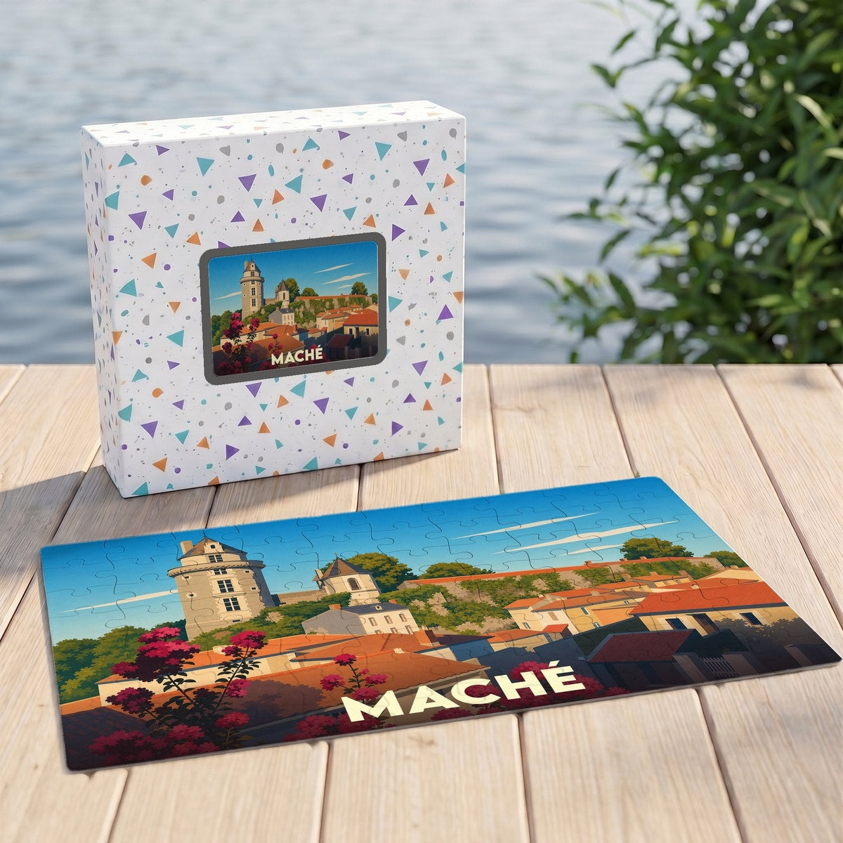 Puzzle souvenir de la ville de Maché avec une illustration stylisée d'un paysage urbain historique.