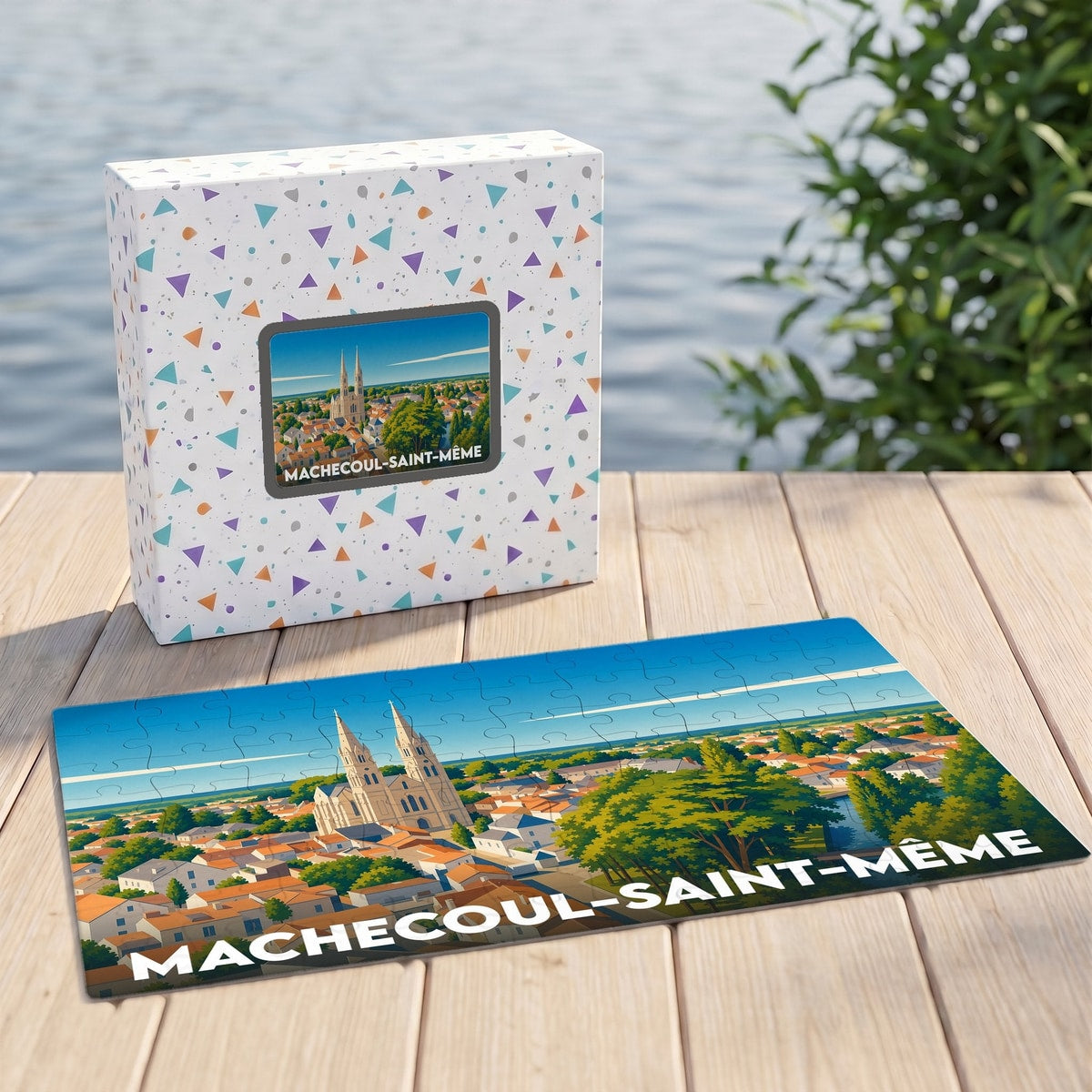 Puzzle souvenir de la ville de Machecoul-Saint-Même avec une illustration panoramique stylisée.