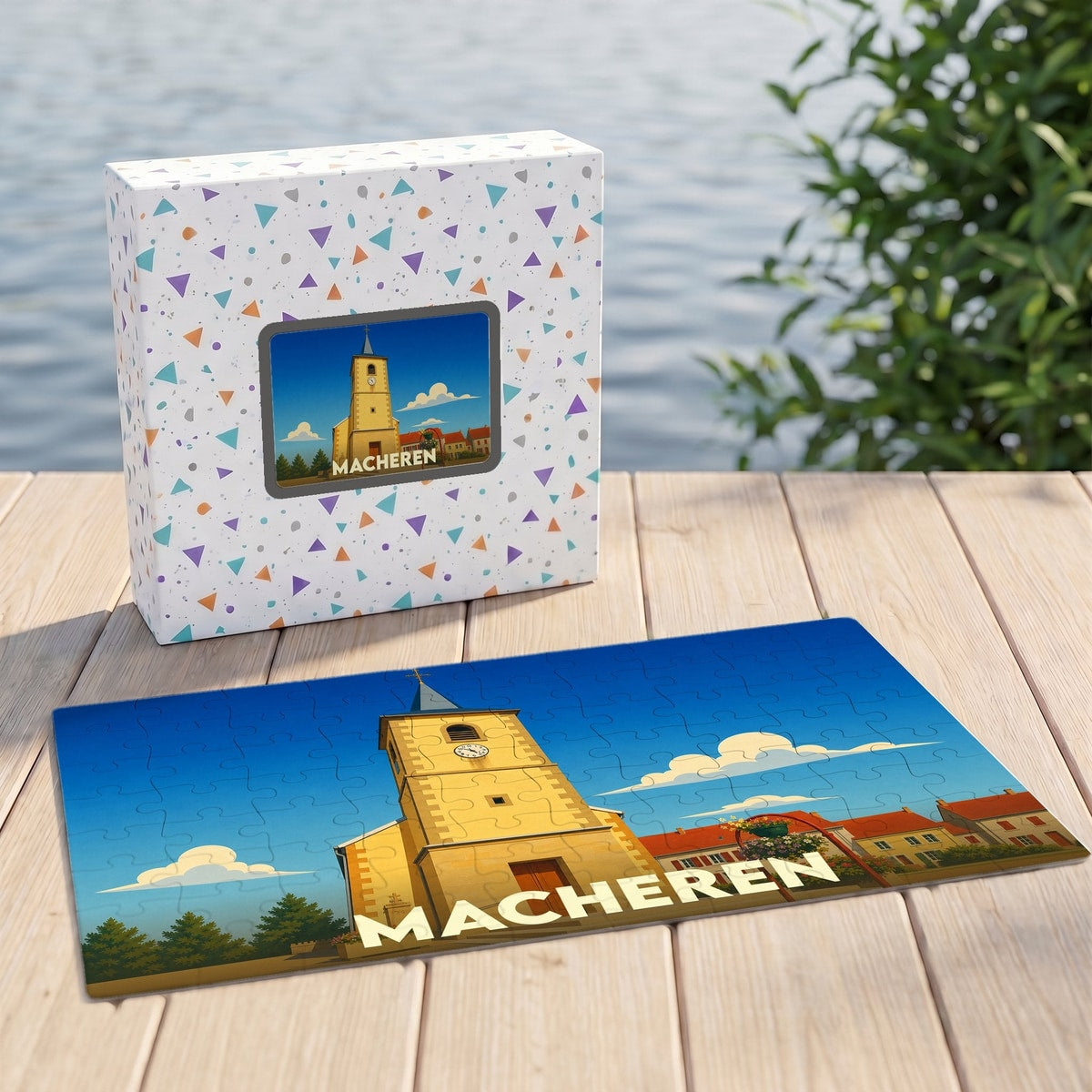 Puzzle souvenir de la ville de Macheren présentant une illustration stylisée de son église sur sa boîte et en version assemblée.