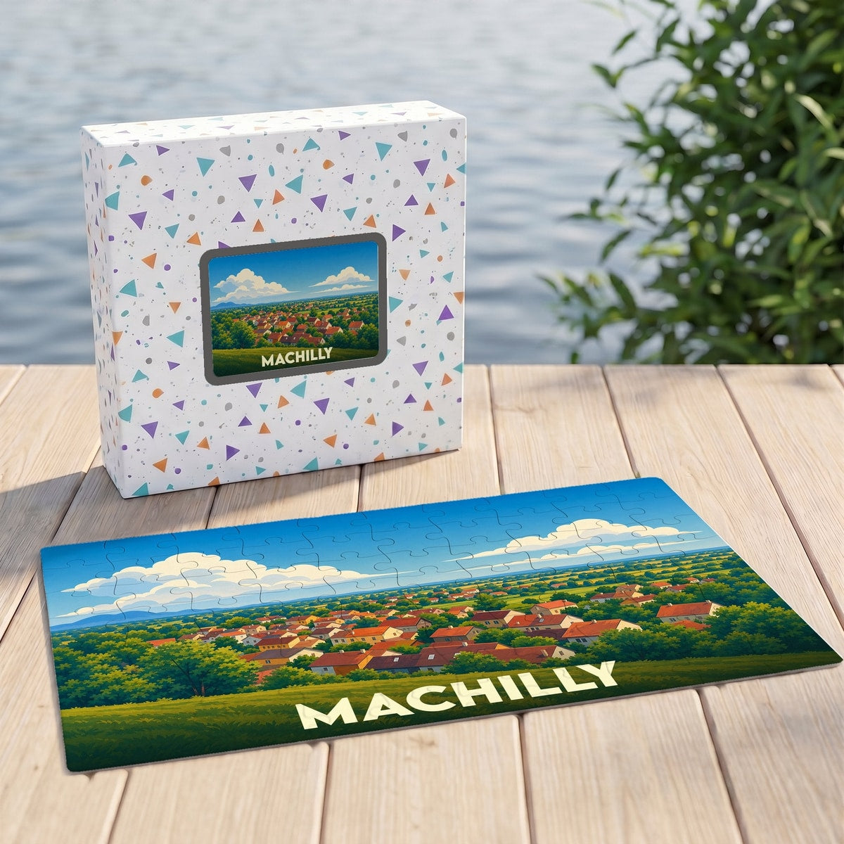 Puzzle souvenir de la ville de Machilly avec une illustration paysagère stylisée.