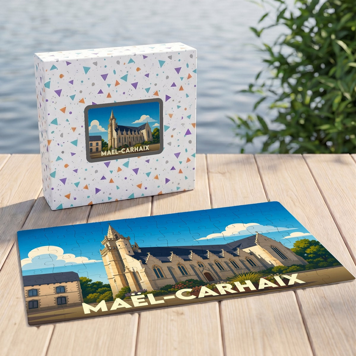 Puzzle souvenir de la ville de Maël-Carhaix avec une illustration stylisée de son église.