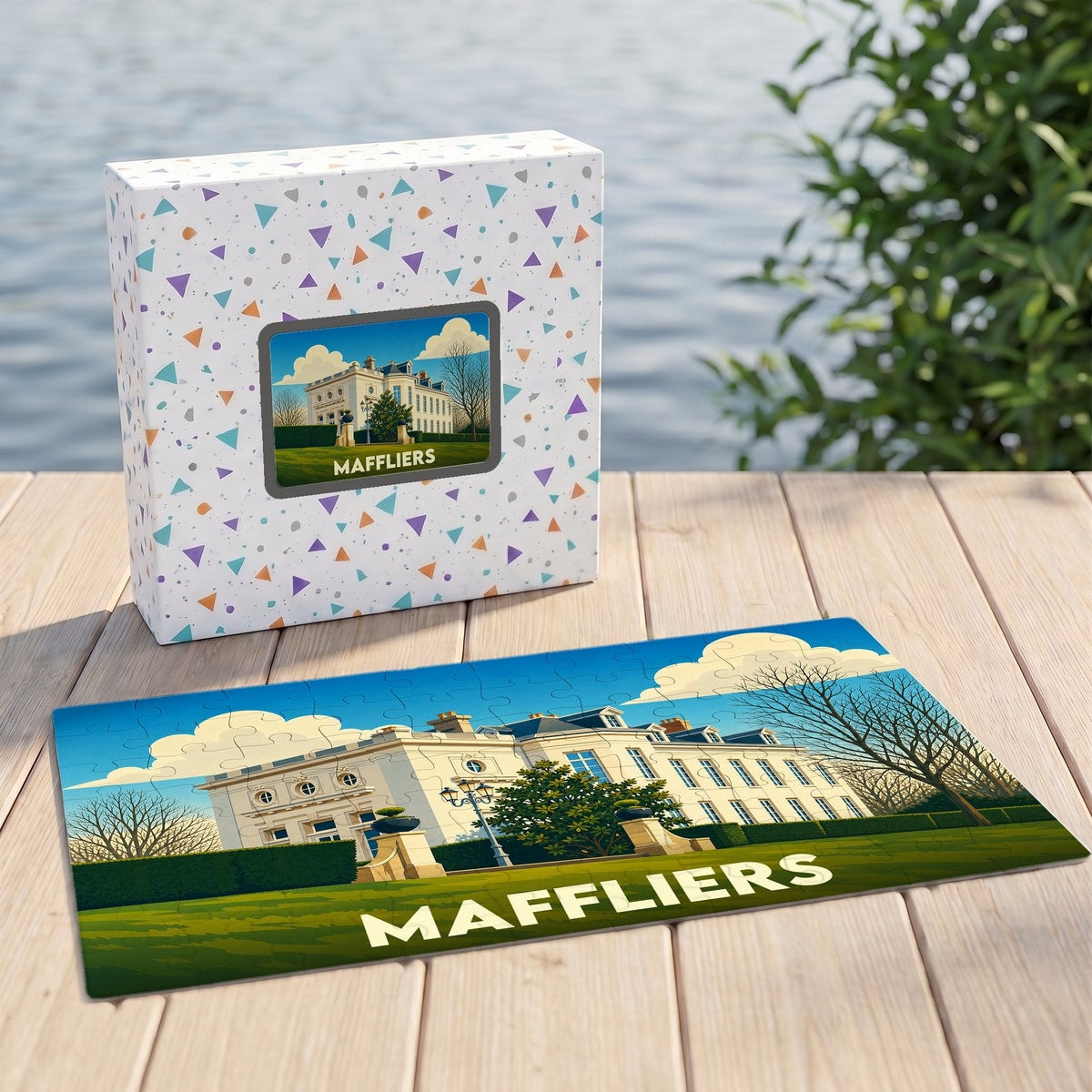 Puzzle souvenir de la ville de Maffliers représentant un château avec une illustration stylisée.