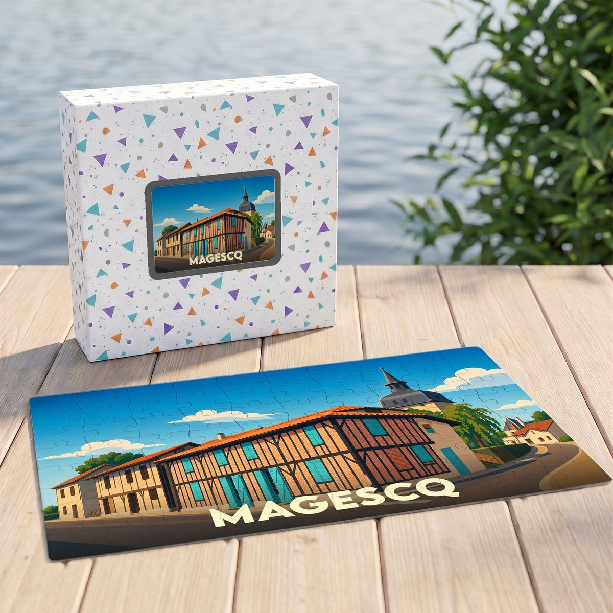 Puzzle souvenir de la ville de Magescq avec une illustration stylisée d'une maison à colombages et son église.