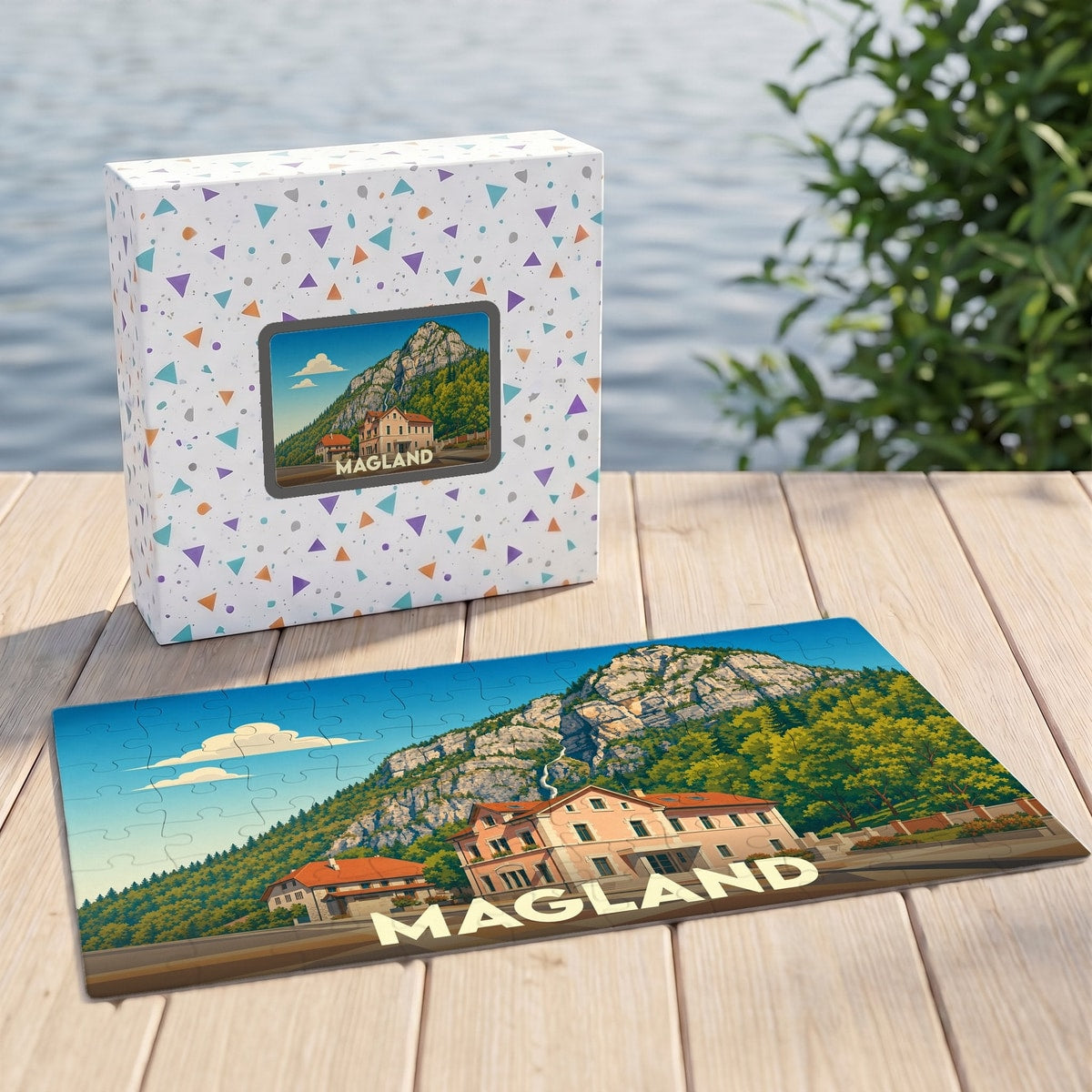 Puzzle souvenir de la ville de Magland représentant un paysage de montagne avec une illustration stylisée.