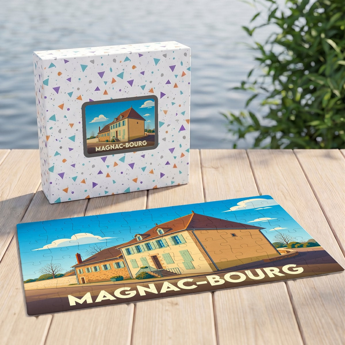 Puzzle souvenir de la ville de Magnac-Bourg avec une illustration stylisée d'une maison régionale.