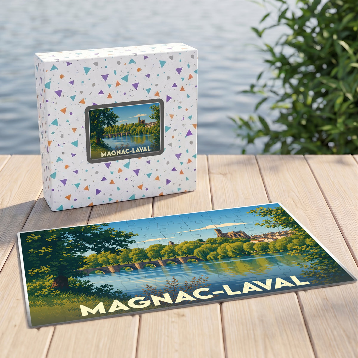 Puzzle souvenir de la ville de Magnac-Laval présentant une illustration stylisée d'un pont et de son église en bord de rivière.