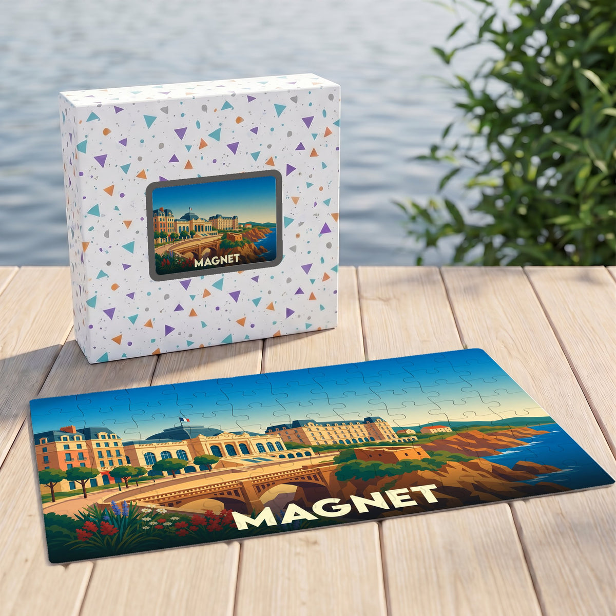 Puzzle souvenir de la ville de Magnet avec une illustration stylisée de son paysage côtier.