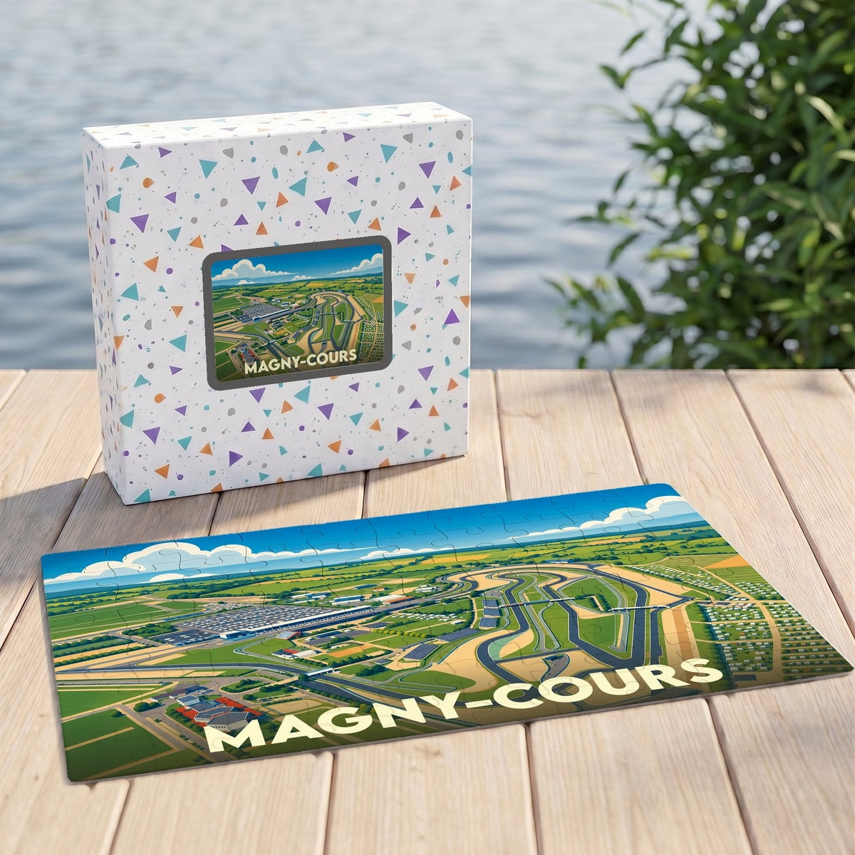 Puzzle souvenir de la ville de Magny-Cours représentant une vue aérienne stylisée du circuit automobile.