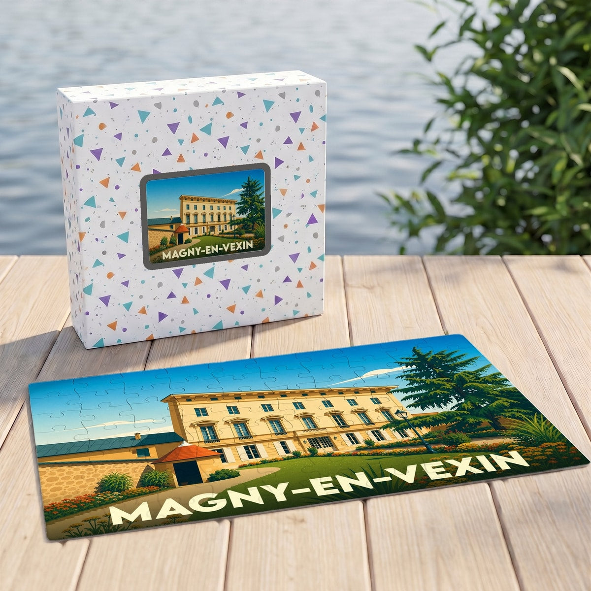 Puzzle souvenir de la ville de Magny-en-Vexin avec une illustration stylisée du patrimoine local.