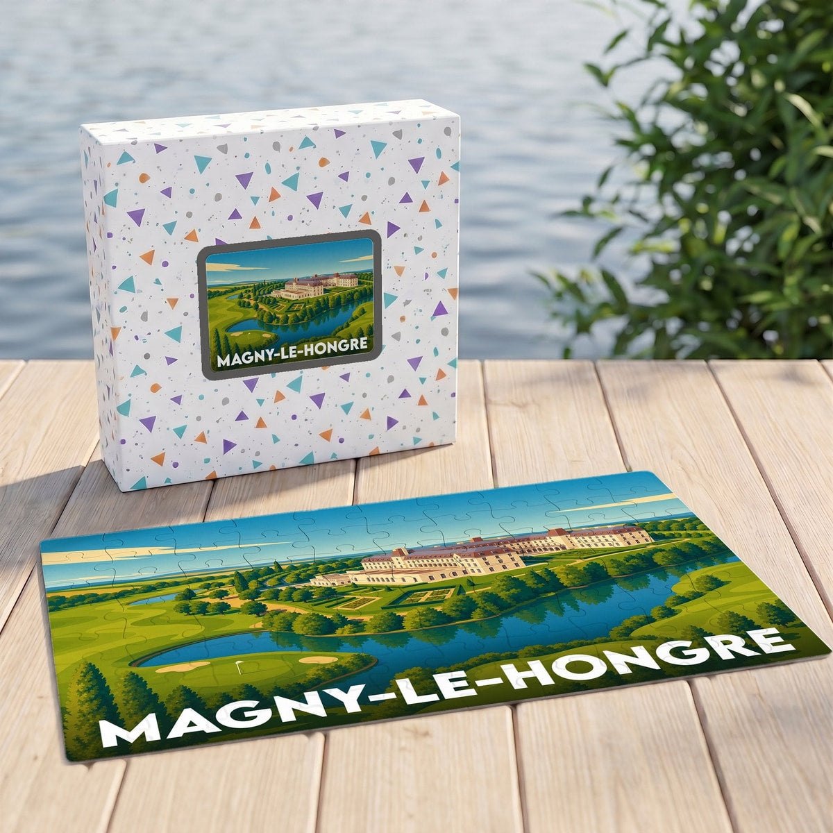 Puzzle souvenir de la ville de Magny-le-Hongre avec une illustration stylisée d'un paysage local.