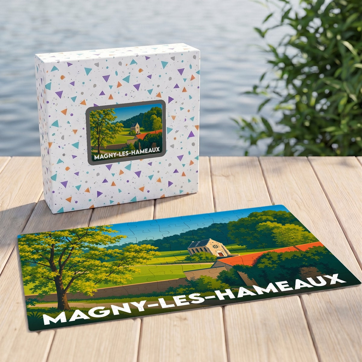 Puzzle souvenir de la ville de Magny-les-Hameaux avec son illustration stylisée et sa boîte assortie.