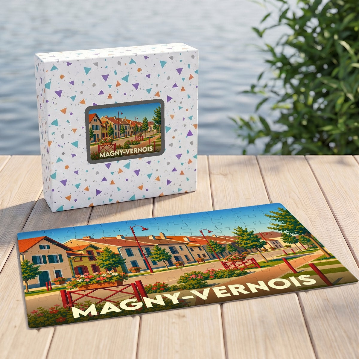 Puzzle souvenir de la ville de Magny-Vernois avec une illustration stylisée et colorée.