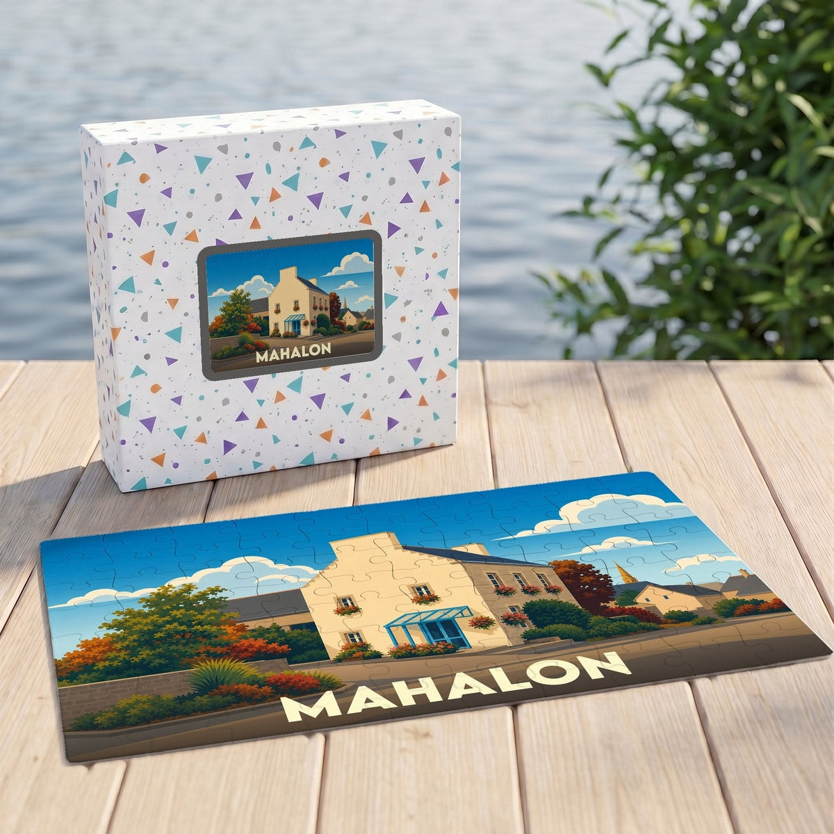 Puzzle souvenir de la ville de Mahalon avec une illustration stylisée et colorée.