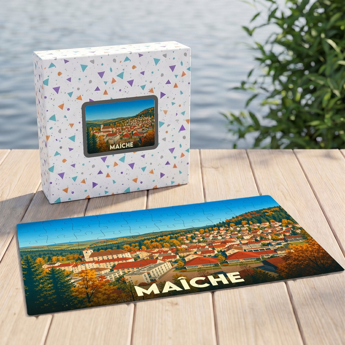 Puzzle souvenir de la ville de Maîche avec une illustration stylisée d'un paysage automnal.